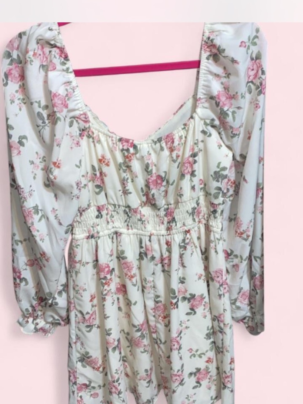 Floral Smocked Waist Long Sleeve Top - Pink/White